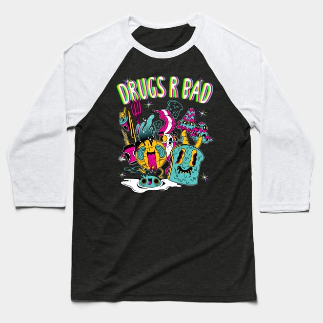 Drugs R Bad Trippy Breakfast Baseball T-Shirt by BIGUP